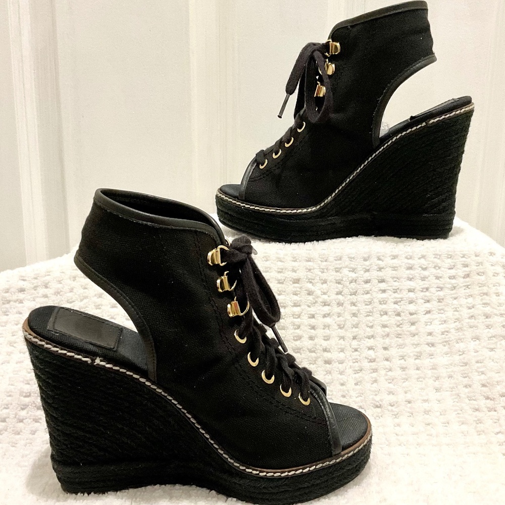 TORY BURCH Black and gold Canvas Espadrille Wedge Heel Platform Lace Up Size 7B - Picture 14 of 16